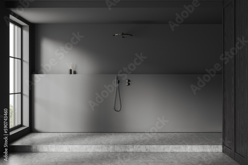 Gray and wooden bathroom interior with shower