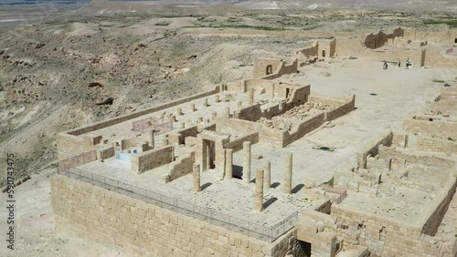 Avdat Nabatean city ruins in the Negev desert, Israel, aerial drone view 4k
