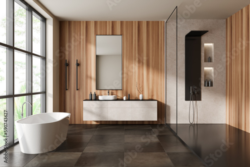 Modern bathroom interior with sink  tub and douche with panoramic window