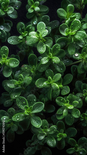 Thyme, adorned with glistening droplets of water. Generative AI