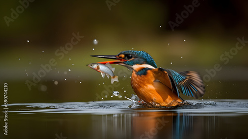 Beautiful kingfisher catching a fish