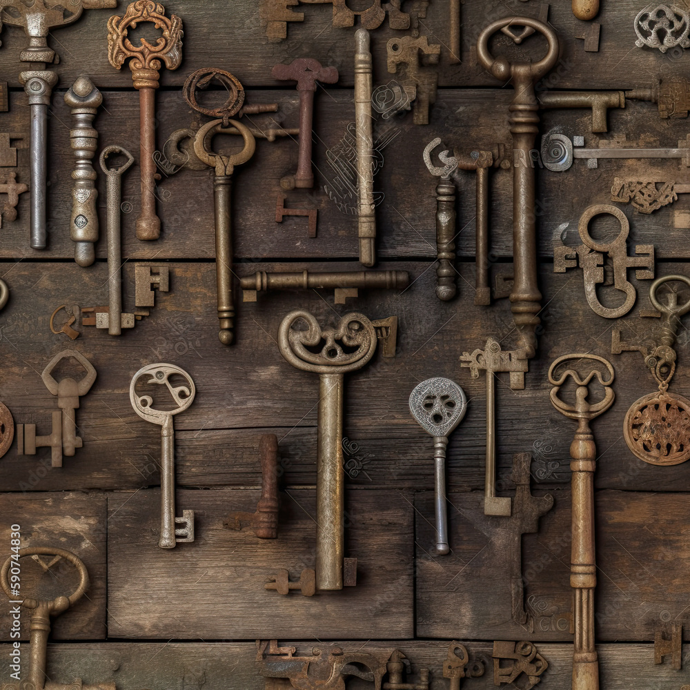 Generative AI antique keys on a rustic wooden background Generative AI antique keys on a rustic wooden background