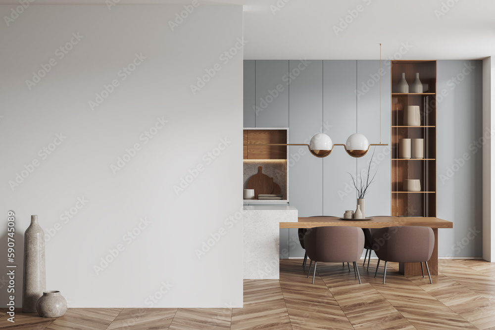 Stylish home kitchen interior with eating and dining area, mockup wall Stylish home kitchen interior with eating and dining area, mockup wall