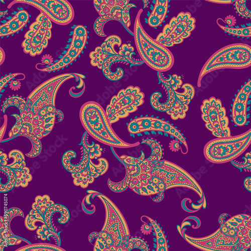 Seamless pattern with paisley ornament. Ornate floral decor for fabric. Vector illustration