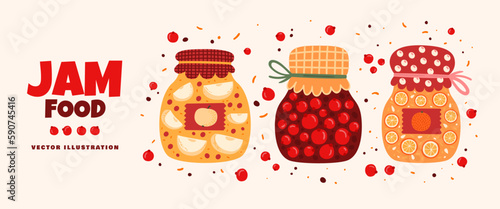 Three jars of sweet jam made from apples, oranges and berries. Delicious fruity dessert. Glass jars with homemade jam. Canned fruits. Holiday banner template of jam and homemade sweets.