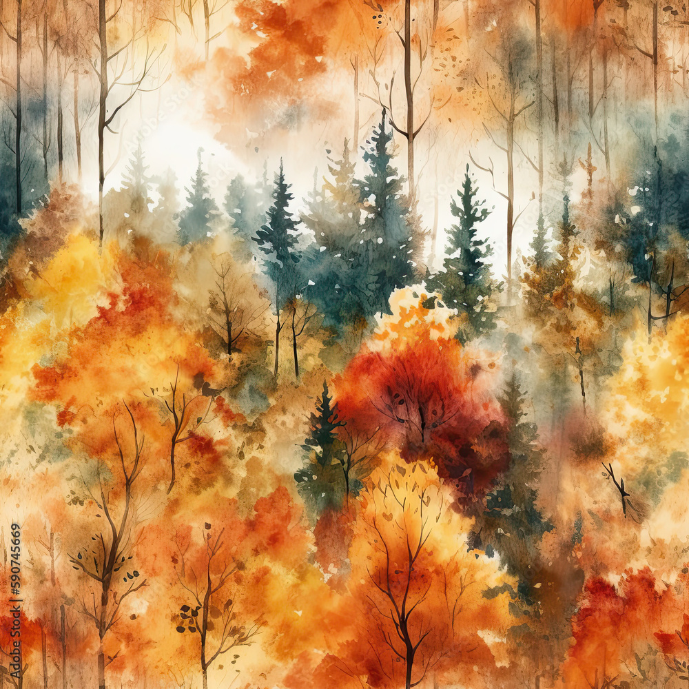 Generative AI a watercolour painting of a forest in autumn with falling leaves