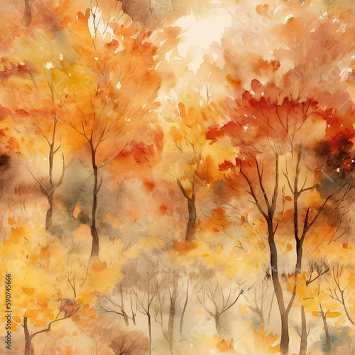 Generative AI a watercolour painting of a forest in autumn with falling leaves
