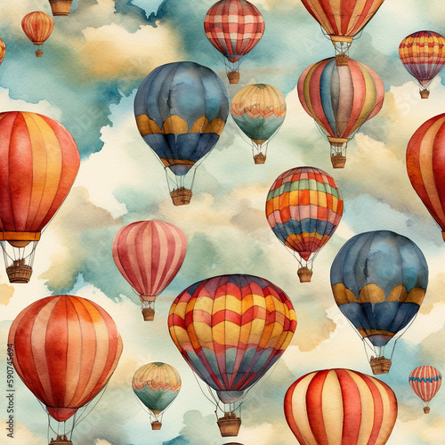 Generative AI a collection of watercolor painting of hot air balloons in the sky