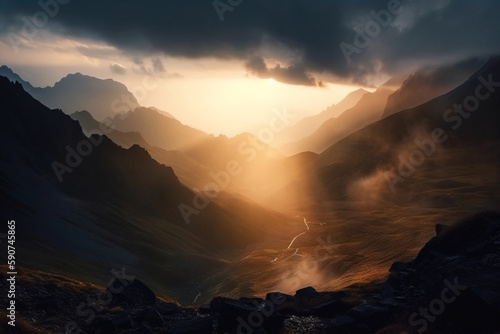 Beautiful valley in Northern mountains at sunset. Digitally generated AI image © 0livia