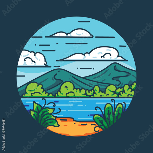 illustrations of seaside scenery with trees, mountains and clouds that are very beautiful combined with high color saturation and use a thick outline