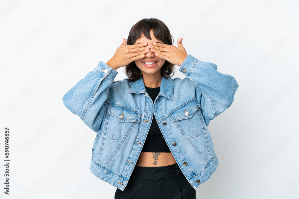 Young mixed race woman isolated on white background covering eyes by hands and smiling Young mixed race woman isolated on white background covering eyes by hands and smiling