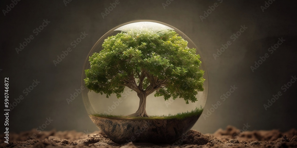 EcoSphere A Sustainable Ecosystem with a Big Tree in a Glass Ball