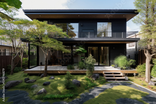 Beautiful japanese modern house with a garden, generative AI © Kien