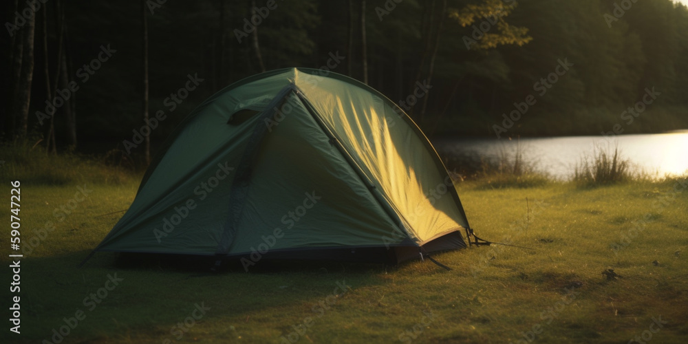 Morning Reflections: A Tent by the Forest Lake at Dawn, Camping
