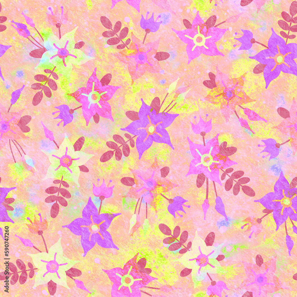 Seamless background with floral ornament. Bright, watercolor, retro background for package design, wrapper, background and postcard. Seamless pattern with neon flowers.