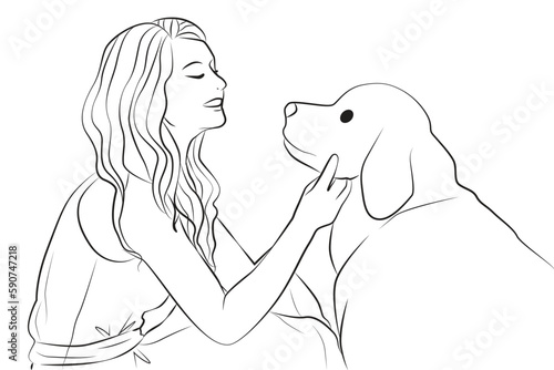 woman love obedience dog pose line cartoon illustration