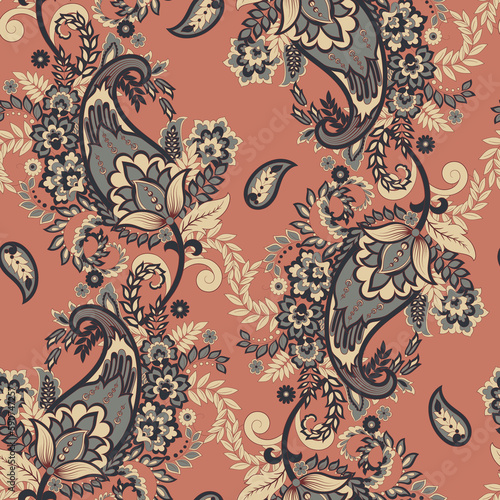 Damask Paisley seamless vector pattern for fabric design. Vintage textile backgournd