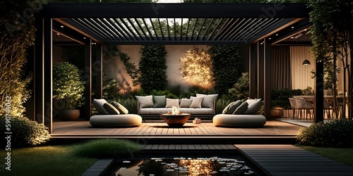 Leinwand Poster Interior design of a lavish side outside garden at morning, with a teak hardwood deck and a black pergola