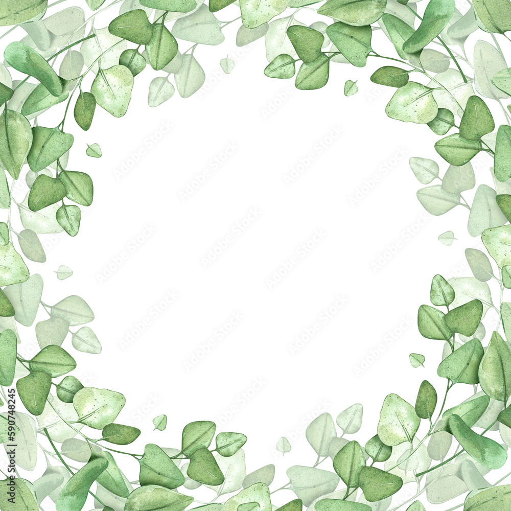 Eucalyptus wreath. Green frame for rustic background. Circle shaped template for banner or wedding invitation. Watercolor illustrations with plants.