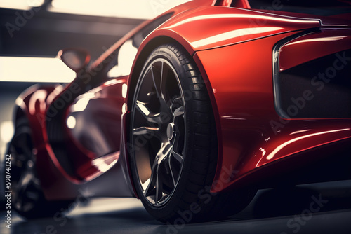 Red sports car, expensive luxury transport. Close-up, low angle view. Generative AI