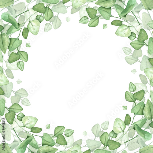 Eucalyptus wreath. Green frame for rustic background. Circle shaped template for banner or wedding invitation. Watercolor illustrations with plants.