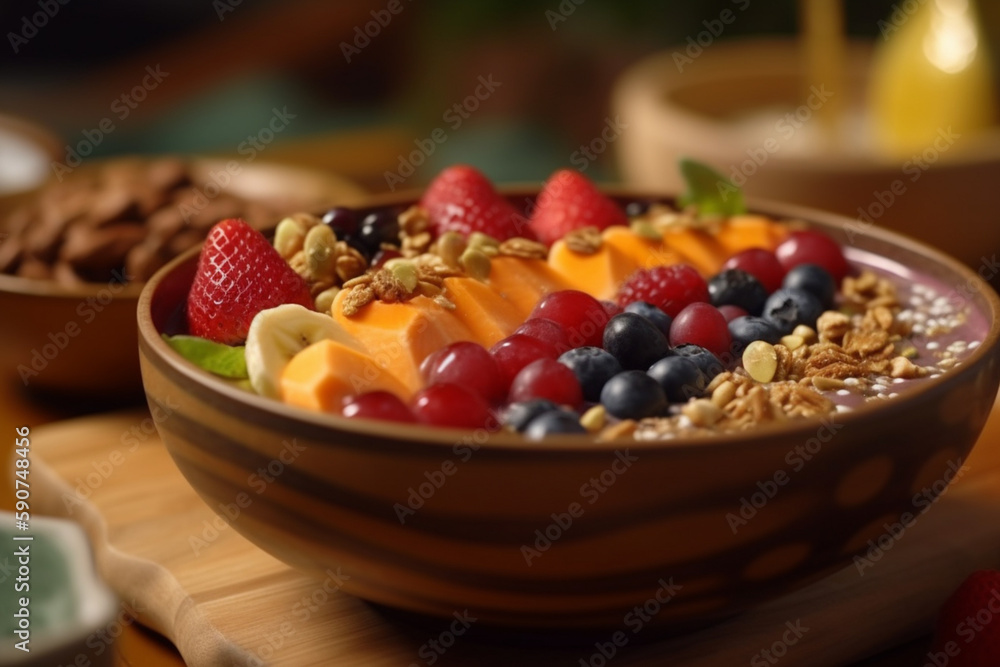 Colorful Fruit and Granola Bowl in a Wooden Bowl Colorful Fruit and Granola Bowl in a Wooden Bowl
