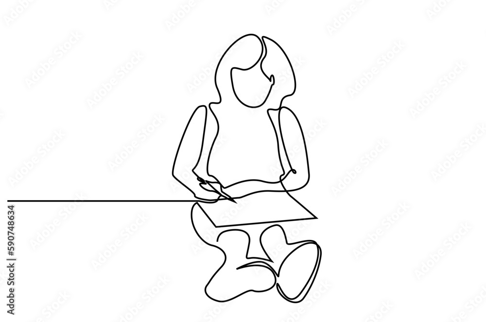 young little girl sitting painting drawing writing activity line art