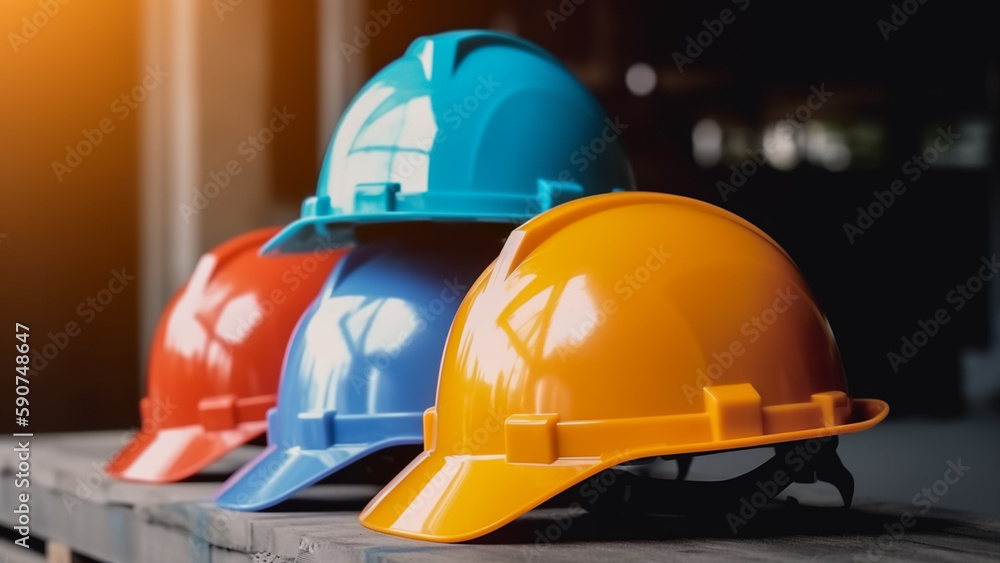Orange, yellow, and blue hard safety helmet hats for safety projects Orange, yellow, and blue hard safety helmet hats for safety projects