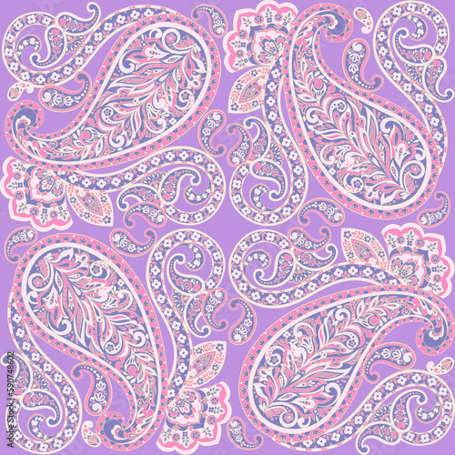 Floral seamless pattern with paisley ornament. illustration in asian textile style
