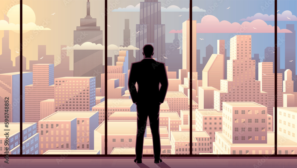 Fototapeta premium Businessman Watching City Day Sunrise