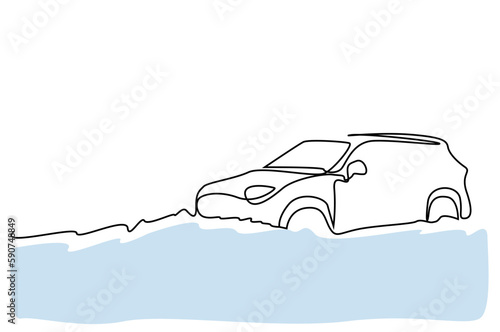 modern car crosses watery road line