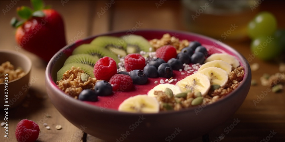 Colorful Fruit and Granola Bowl in a Wooden Bowl Colorful Fruit and Granola Bowl in a Wooden Bowl
