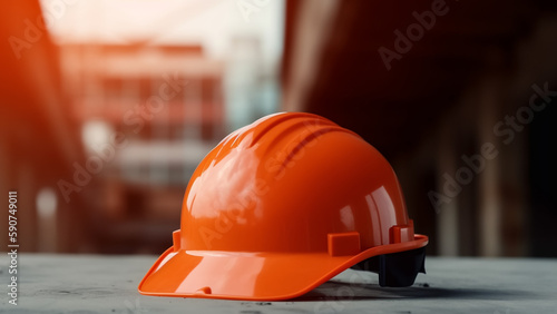 Orange construction helmet close-up on the background of the construction