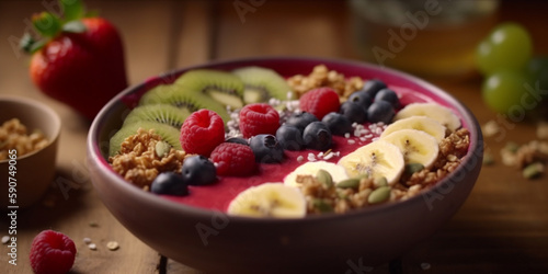 Colorful Fruit and Granola Bowl in a Wooden Bowl