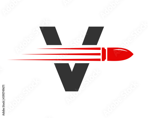 Letter V Shooting Bullet Logo With Concept Weapon For Safety and Protection Symbol