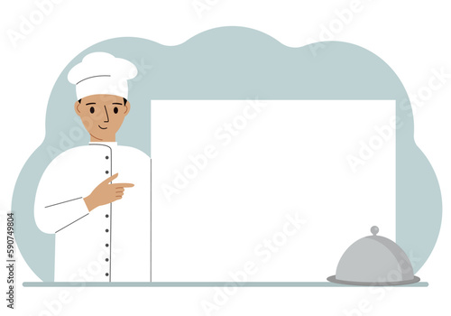 A male cook in uniform and a cap holds a large sheet of paper. Concept for menu, recipe book, blank cookbook or records.