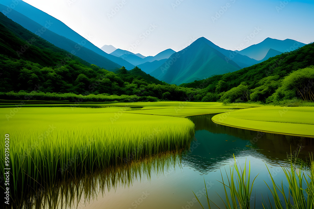 Wetland in valley with mountain background at Shangri La, China Wetland in valley with mountain background at Shangri La, China