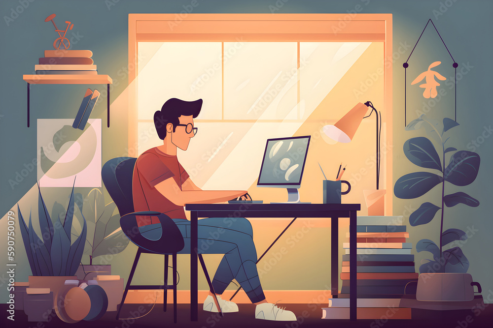Fototapeta premium Workplace of freelancer working from home office, remotely and distant. Employee using laptop and computer for project. Generative AI