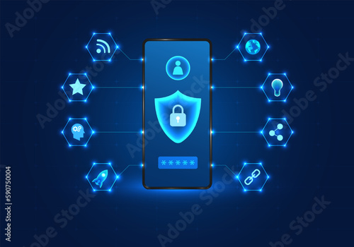 Smartphone technology with a shield on the front Mobile phones have privacy protection technology or data destruction attacks. It is a deterrent from losing or corrupting data.
