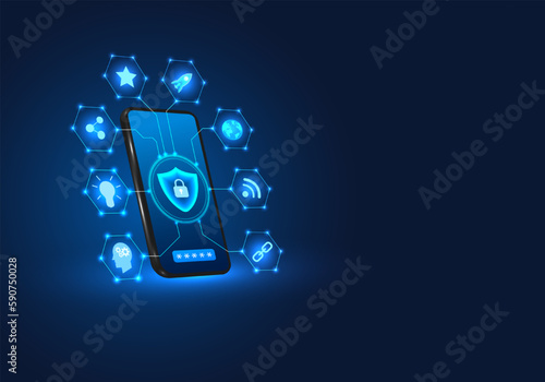Smartphone technology with a shield on the front Mobile phones have privacy protection technology or data destruction attacks. It is a deterrent from losing or corrupting data.