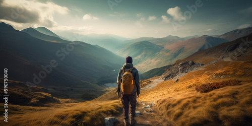 hiker, trekking in the mountains with backpack, beautiful lendscape, panorama