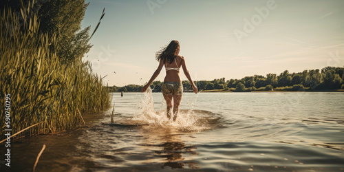 beautiful woman on the summer lake beach entering the lake, sunset, generative ai