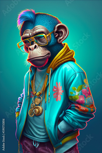Monkey rapper, cartoon colorful monkey with sunglasses nft style, Created with generative A © innluga