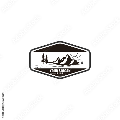 Mountain and fir trees silhouette style. Illustration sketch with camping environment, preservation emblem logo and nature lovers vintage style