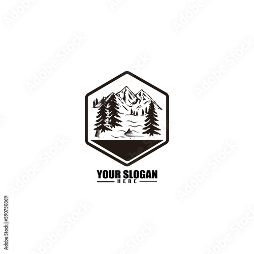 Camping logo and badge template silhouette vector design element. Outdoor adventure mountains and forest camp vintage style emblem and logo retro illustration.