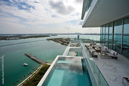 penthouse terrace with a swimming pool overlooking Miami, generative AI © FrankBoston