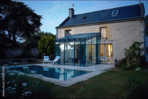Beautiful stone house French style with veranda and pool, generative ai photo