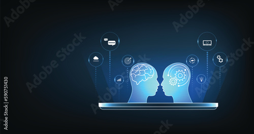 Human Chat with AI or Artificial Intelligence. AI chatbot or artificial intelligence can communicate through messages with humans naturally. Robot in online system.Futuristic technology.