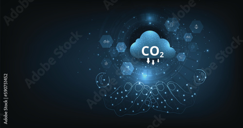 Idea of reduce CO2 emissions to limit global warming.Lower CO2 levels with sustainable development on renewable energy, planting tree and green energy to stop climate change.