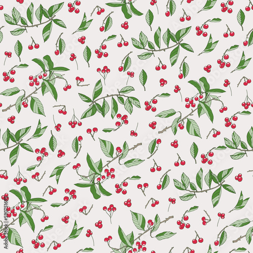 Seamless pattern with green leaves and red berries. Twigs with ripe cherry. Hand-drawn autumn design for wallpaper  card  templates. 